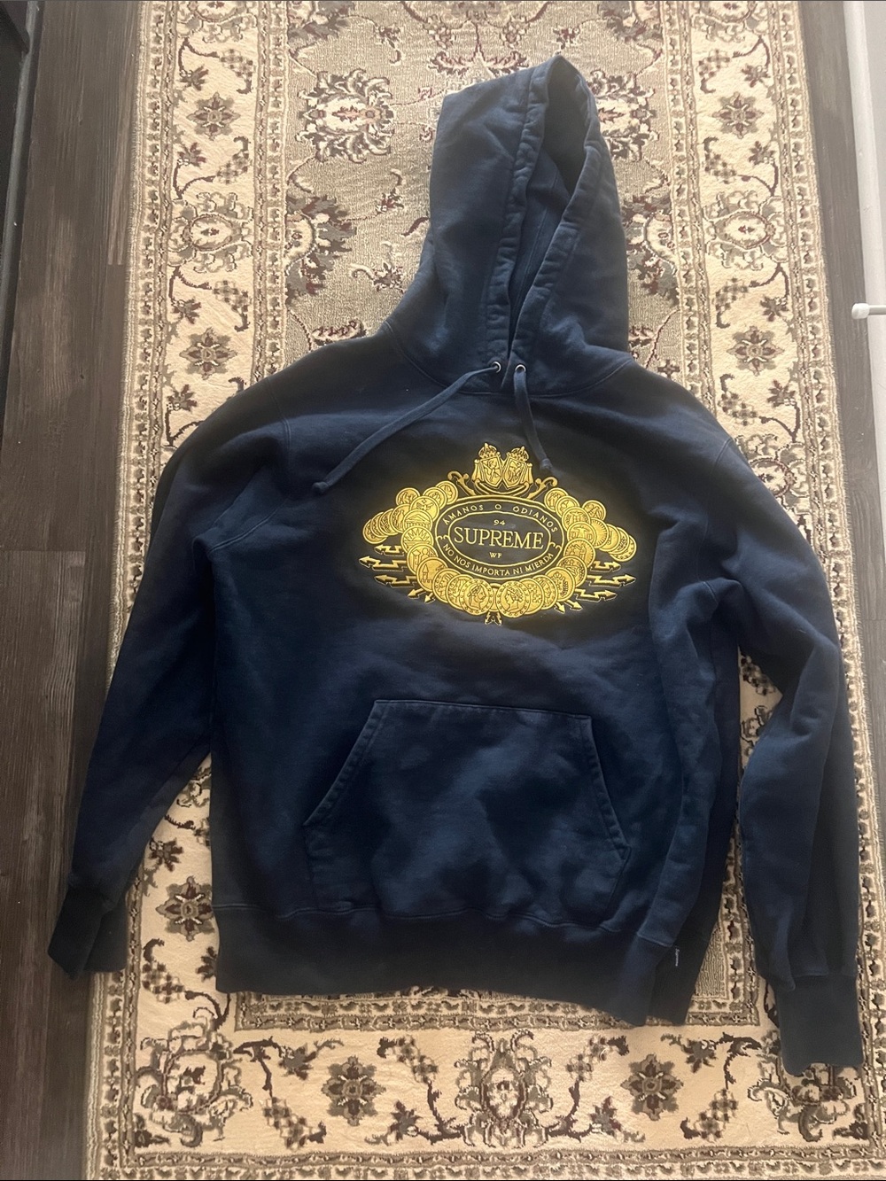 Supreme Navy Crewneck Hoodie with Gold Crest